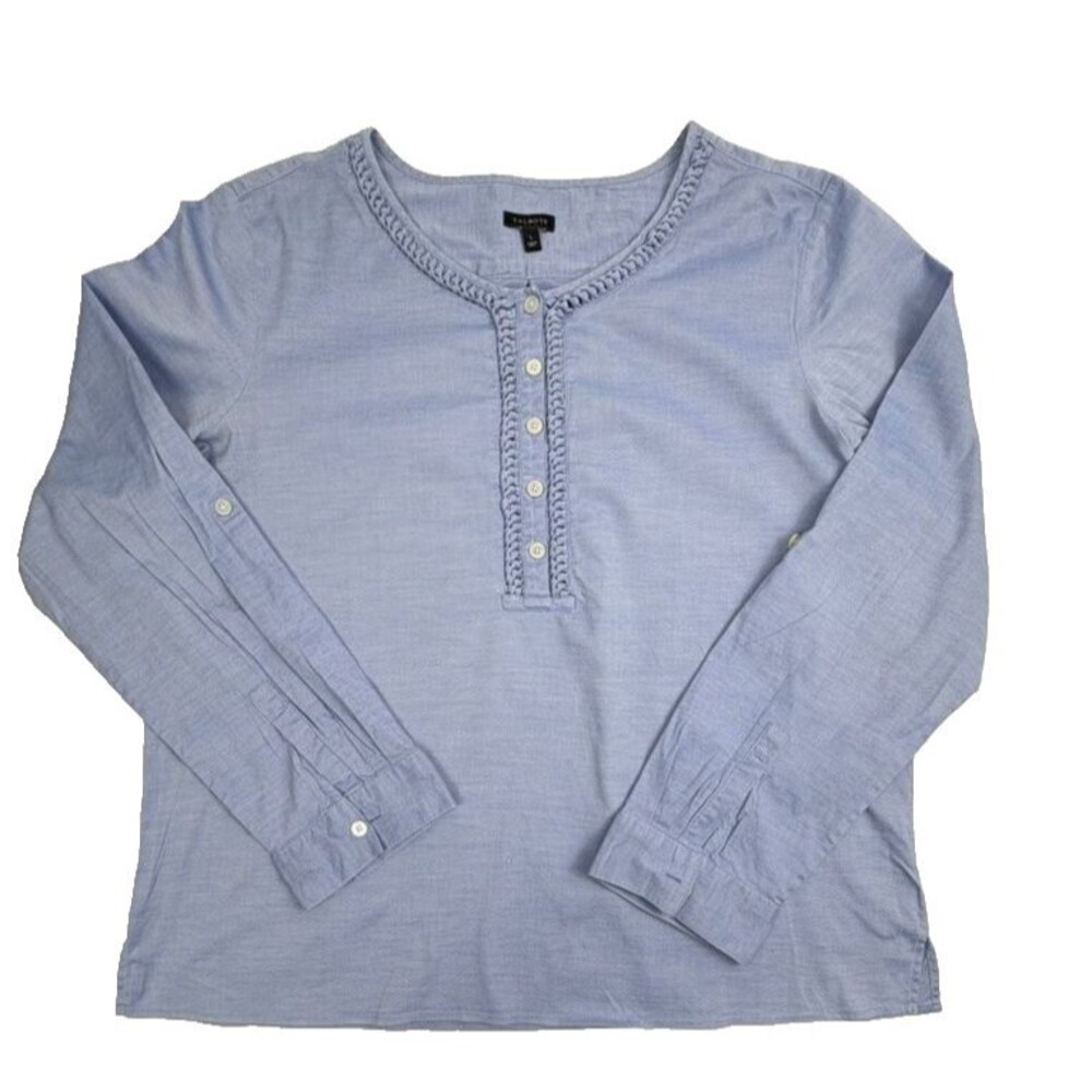 Talbots Chambray Popover Top Braided Accent Roll Sleeve Button Preppy Blue Large